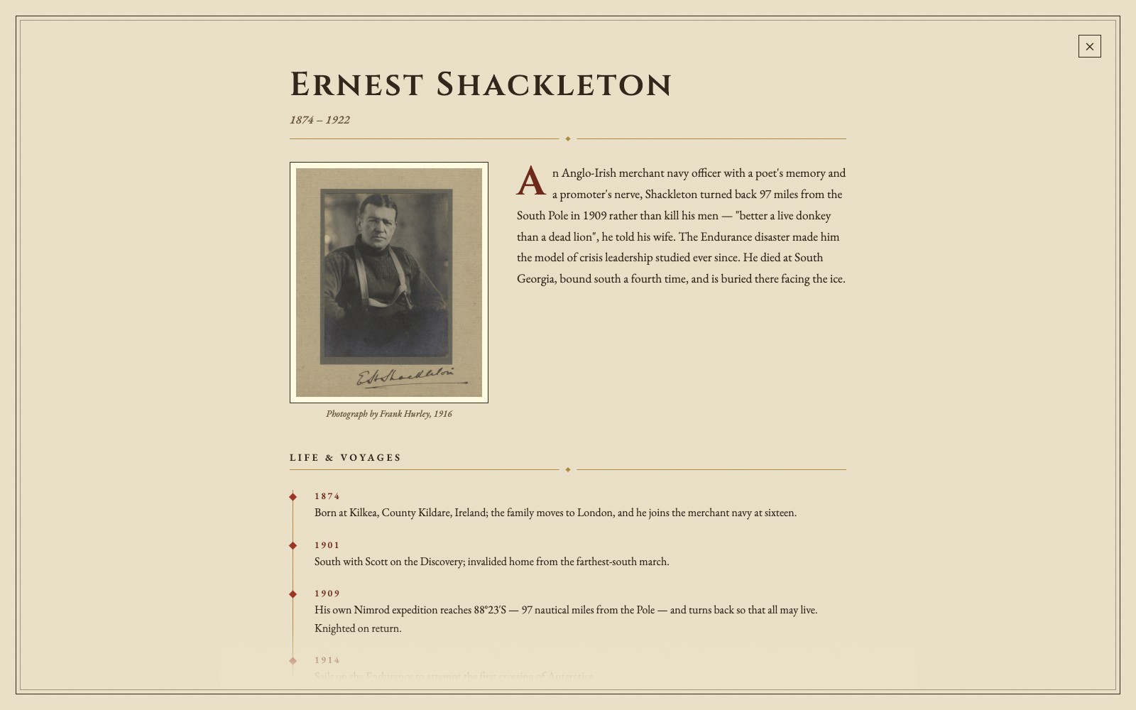 Ernest Shackleton's illustrated biography page: Frank Hurley's 1916 portrait beside an encyclopedia-style entry and a Life and Voyages timeline
