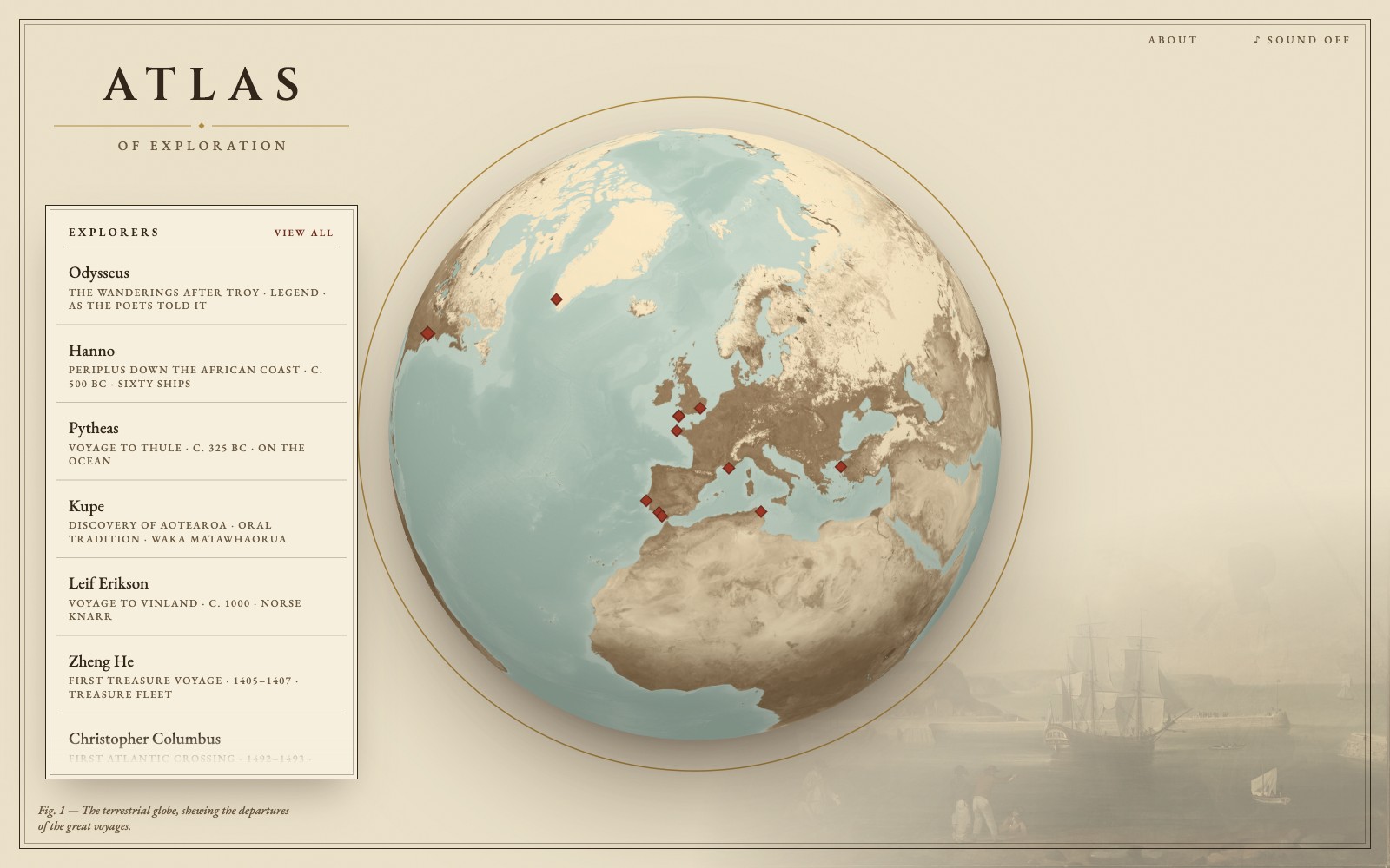 The Explorer's Atlas landing view: a sepia 3D globe with red departure-port markers beside an index of seventeen explorers, from Odysseus to Shackleton