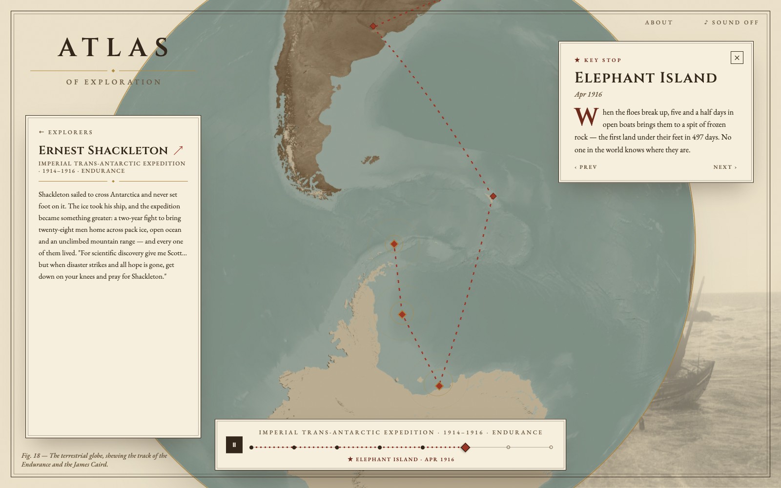 Shackleton's Endurance voyage under sail: a dotted red track drawn to Elephant Island across the Antarctic, with the entry card and voyage scrubber
