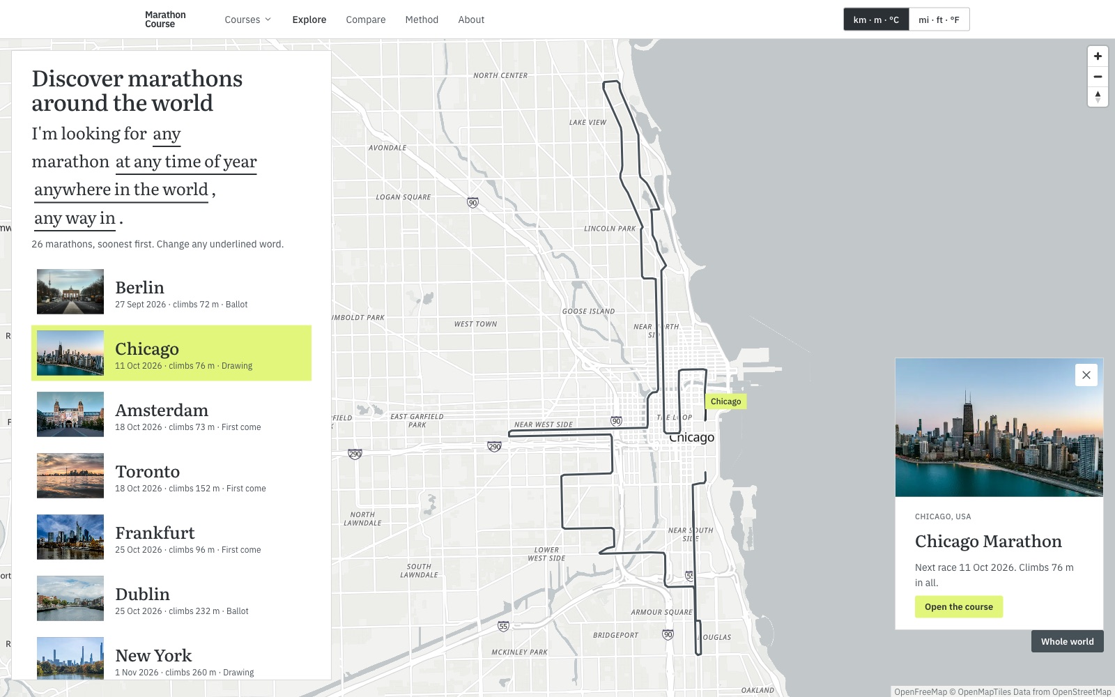 Marathon Course Explore page: a list of upcoming marathons beside the map, zoomed into the Chicago Marathon course with its race card open