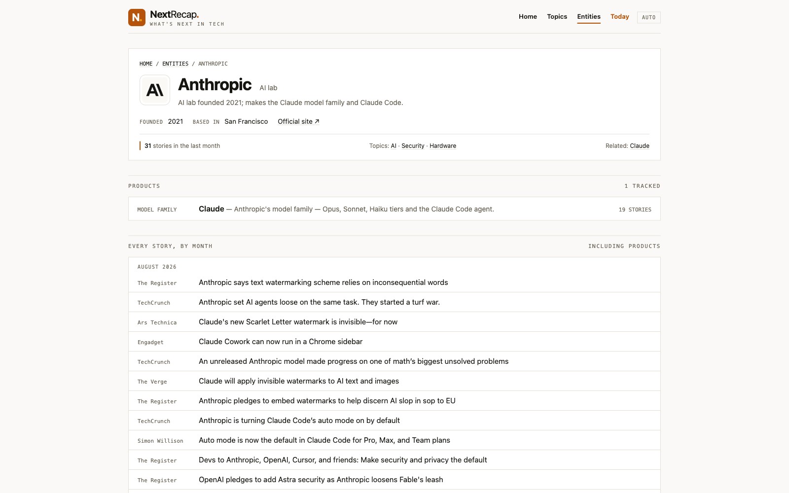 NextRecap entity page for Anthropic: company profile, the tracked Claude model family, and every story by month