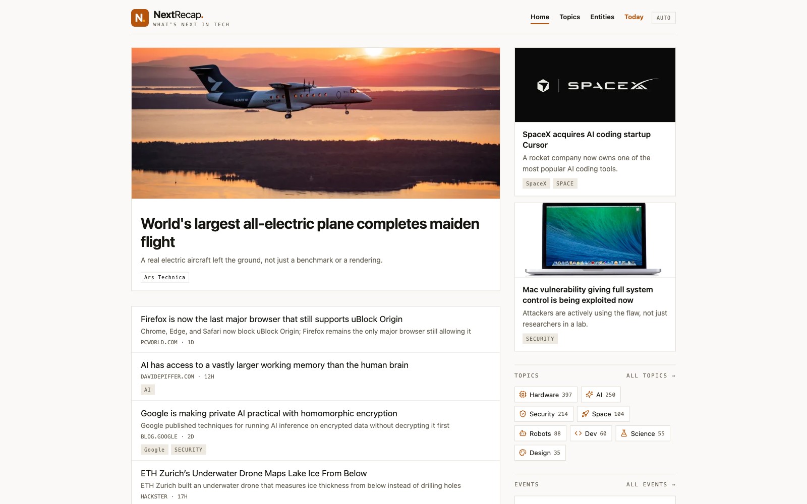 NextRecap home page: a lead story about the world's largest all-electric plane, ranked side stories, and topic counts for hardware, AI, security and space