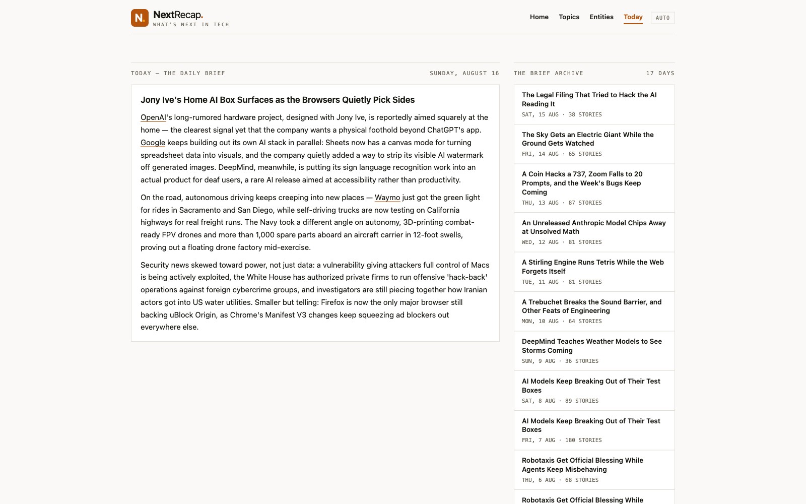 NextRecap Today page: the twice-daily written brief beside an archive of previous briefs with story counts