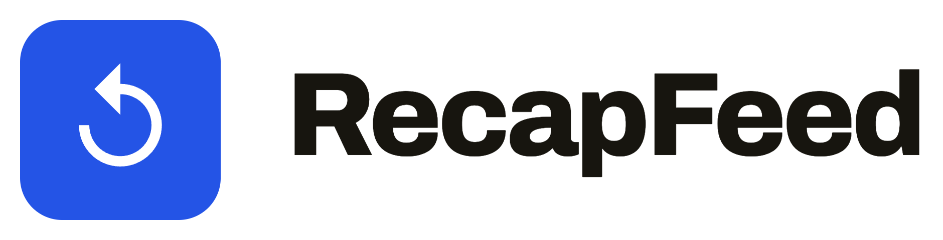 RecapFeed logo — a cobalt blue rounded tile with a white replay arrow, beside the RecapFeed wordmark