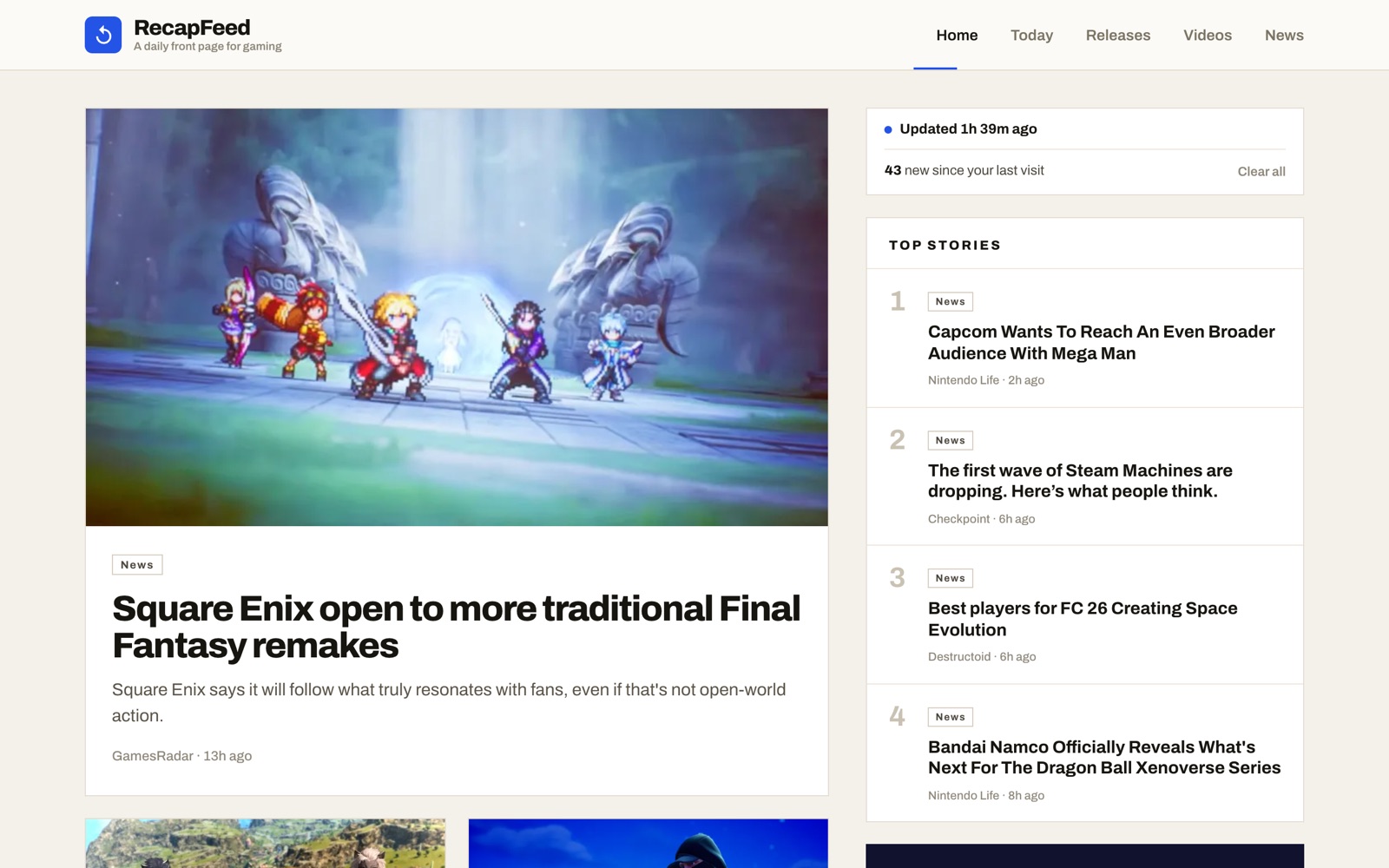 RecapFeed home page: a lead story about Square Enix, a Top Stories list, and a panel reading 43 new since your last visit