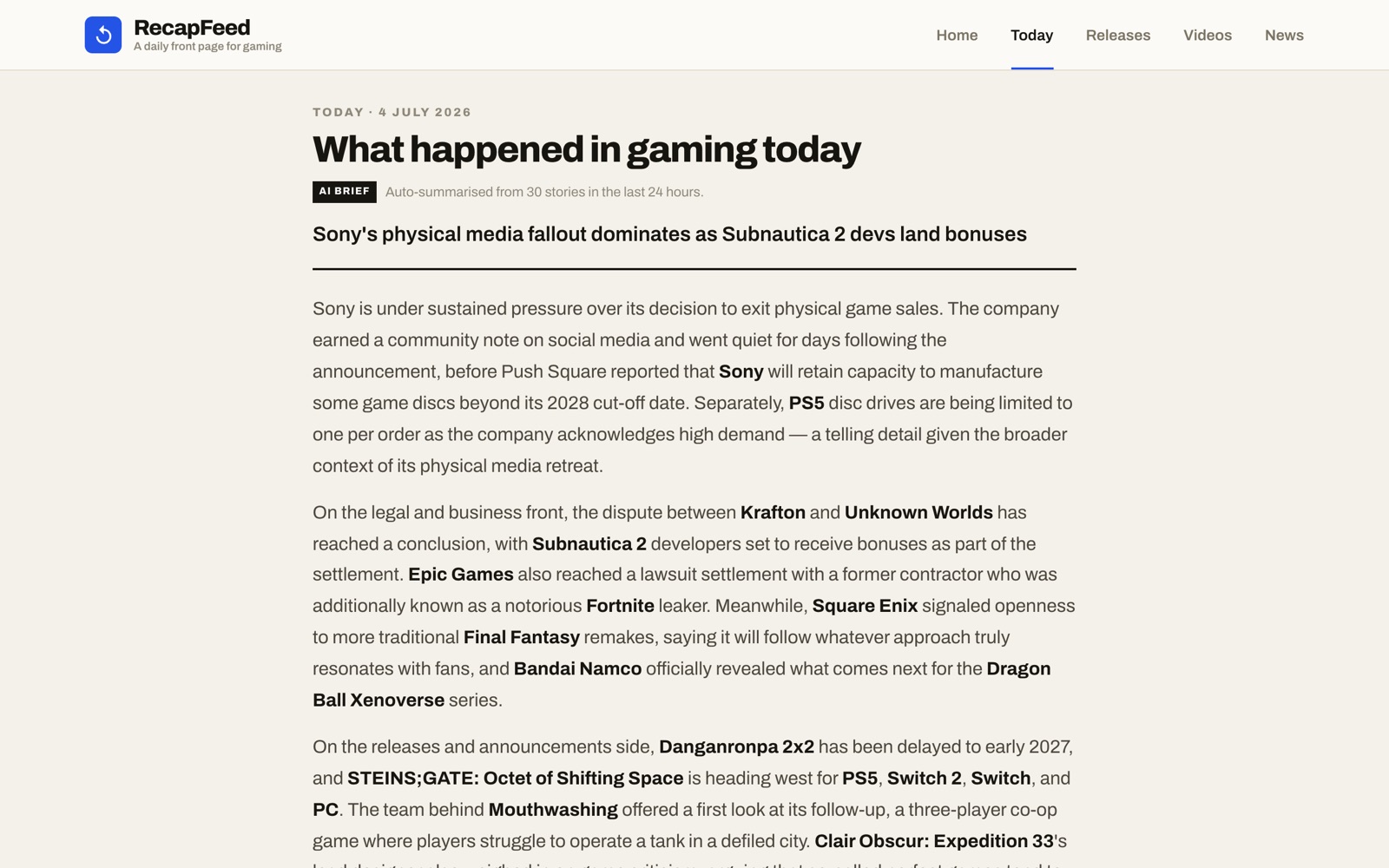 RecapFeed Today page showing the AI-written daily brief of the biggest gaming news