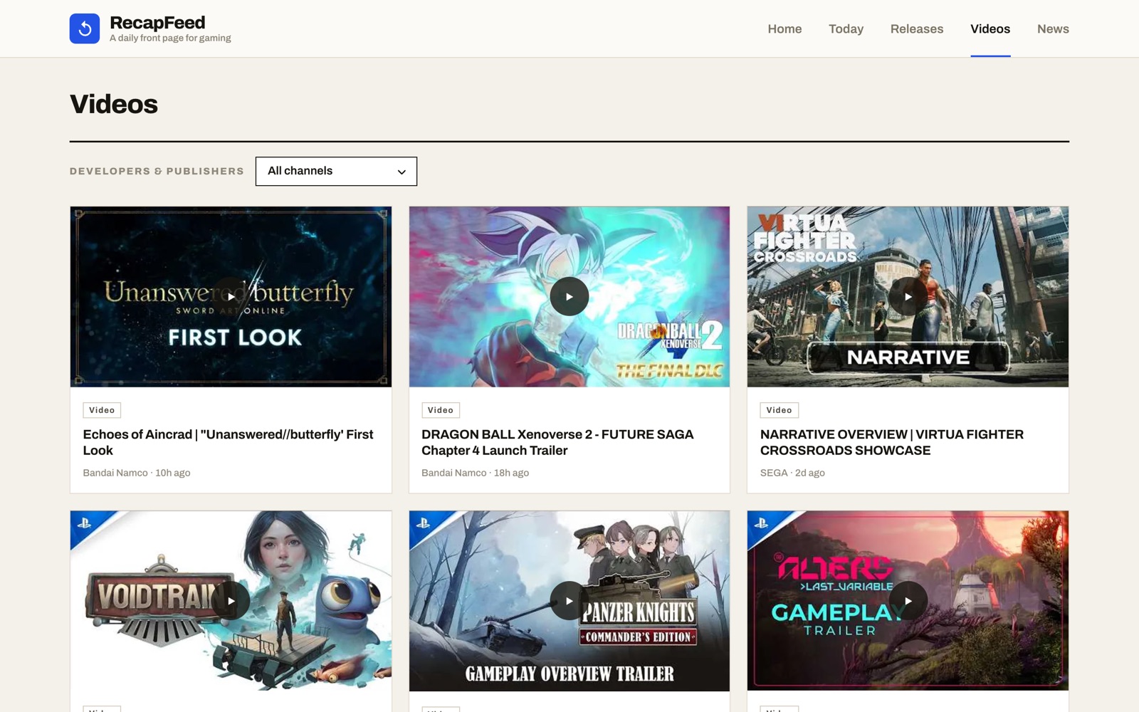 RecapFeed Videos page showing new game trailers and a trending on YouTube rail
