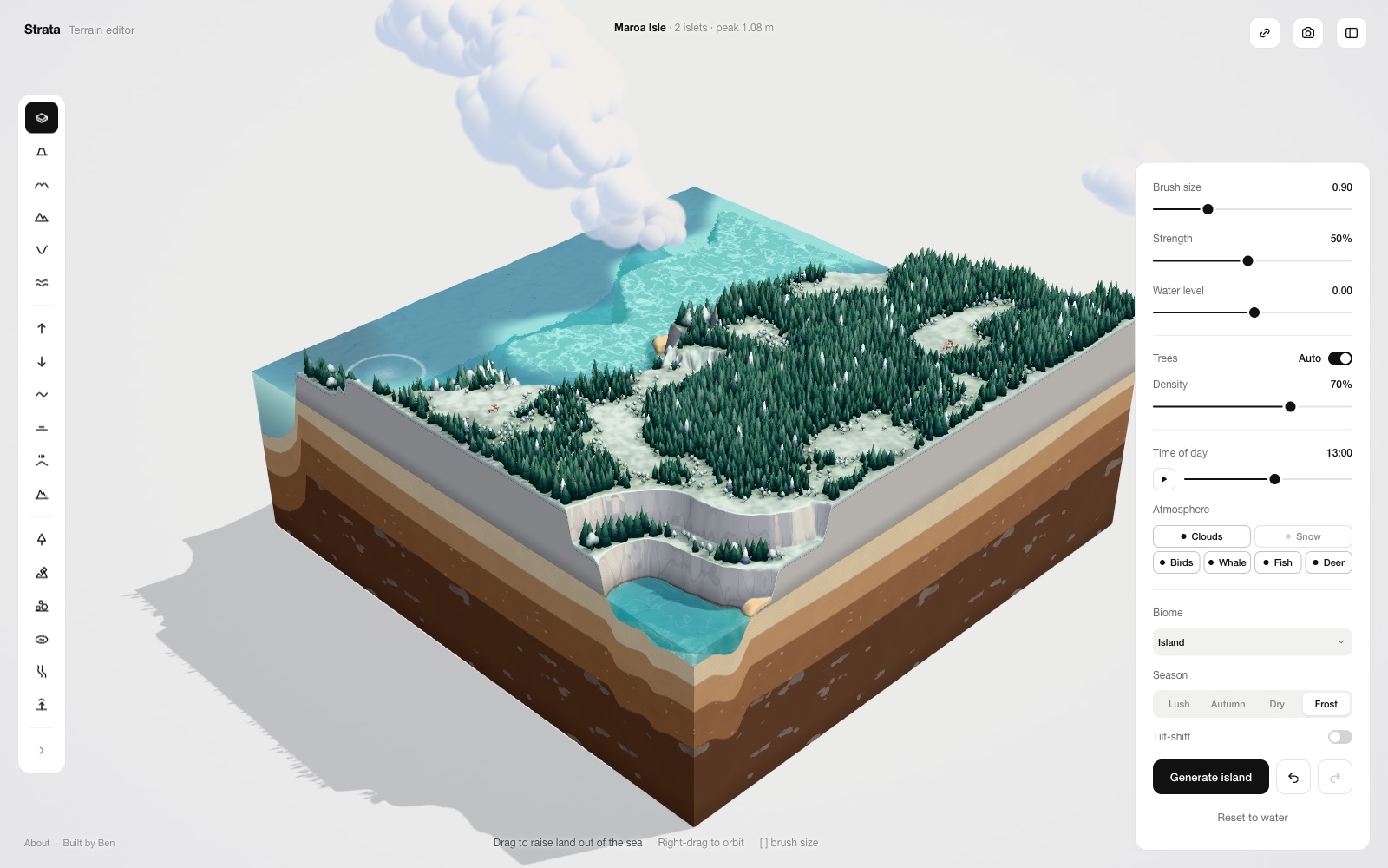 The island in the frost season, with snow on the ground and dark pines