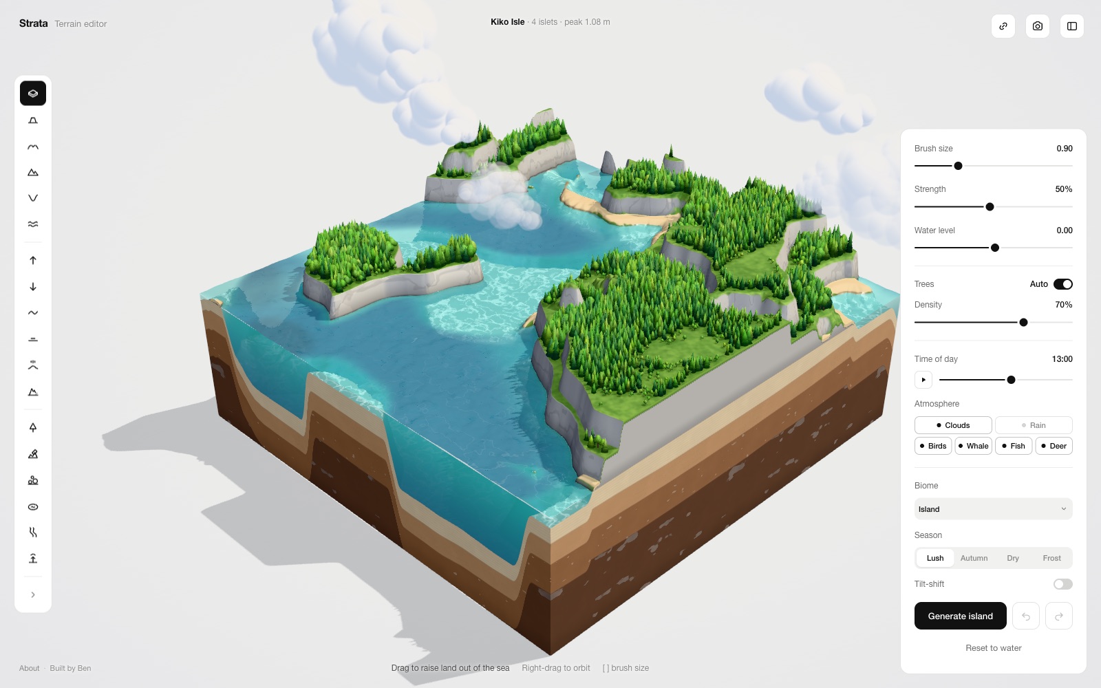 A lush island block in Strata, with forested cliffs, a turquoise lagoon and layered rock showing down the sides